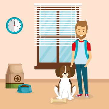 young man with cute mascot in the house vector illustration design
