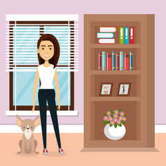 young woman with mascot in the house vector illustration design