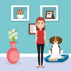 young woman with mascot in the house vector illustration design