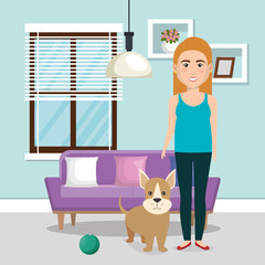 young woman with mascot in the house vector illustration design