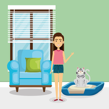 young woman with mascot in the house vector illustration design