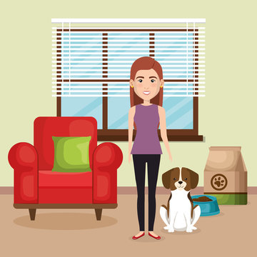 young woman with mascot in the house vector illustration design