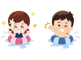 浮き輪で水遊びする子供