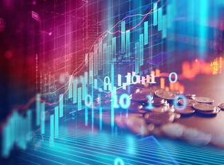 double exposure image of stock market investment graph and coins stack.