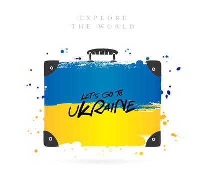 Suitcase with the flag of Ukraine. Lettering