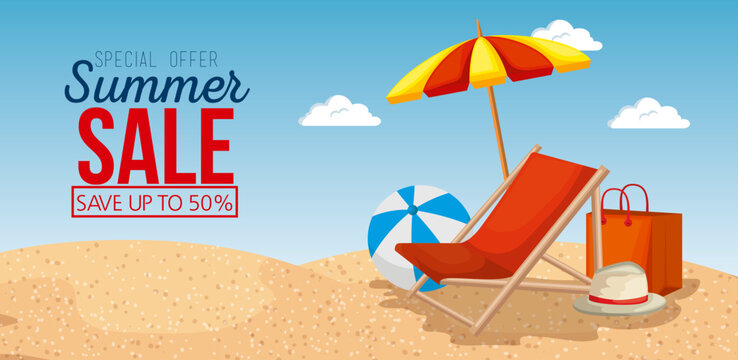 beach with summer sale icons vector illustration design