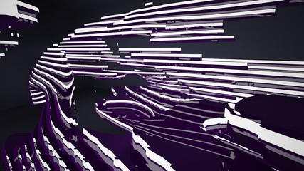 Abstract interior of the future in a minimalist style with violet sculpture. Night view from the backligh. Architectural background. 3D illustration and rendering