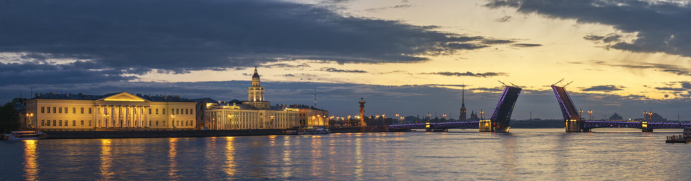 Saint Petersburg panorama sunrise city skyline at Palace Bridge, Saint Petersburg, Russia