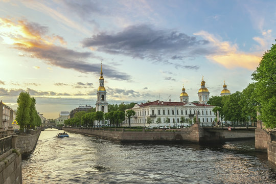 Saint Petersburg sunset city skyline at Saint Nicholas Naval Cathedral, Saint Petersburg, Russia