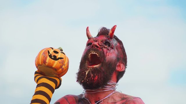 Devil vampire portrait. Halloween red devil monster. Krampus. Christmas devils. Halloween.