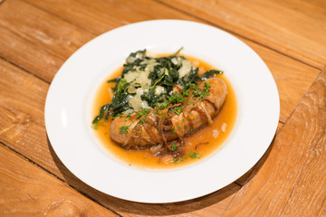 Grilled sausage with Cheesy Creamed Spinach
