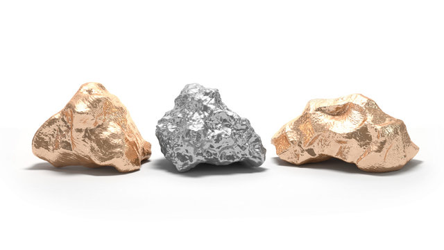 White silver and golden nuggets on a white background. 3d render