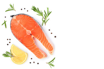 Slice of fish salmon with lemon, rosemary isolated on white background with copy space for your text. Top view. Flat lay