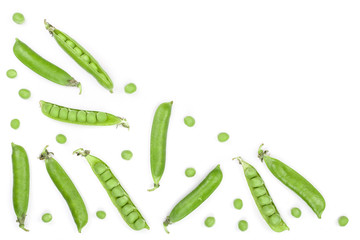 Fresh green pea pod isolated on white background with copy space for your text. Top view. Flat lay pattern