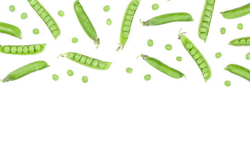 Fresh green pea pod isolated on white background with copy space for your text. Top view. Flat lay pattern