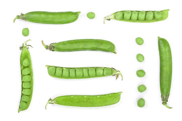 Fresh green pea pod isolated on white background. Set or collection. Top view. Flat lay pattern