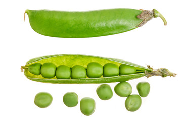 Fresh green pea pod isolated on white background. Top view. Flat lay
