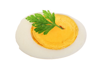 half of boiled egg isolated on white background. Top view. Flat lay