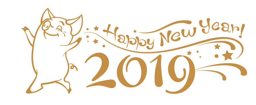 2019, Happy New Year. Christmas card with text on white background. Year of the pig