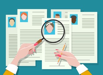 Handing candidates. Job vacancy employee hunter documents review, manager hand holding magnifying glass vector illustration