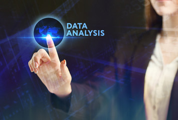 The concept of business, technology, the Internet and the network. A young entrepreneur working on a virtual screen of the future and sees the inscription: Data analysis