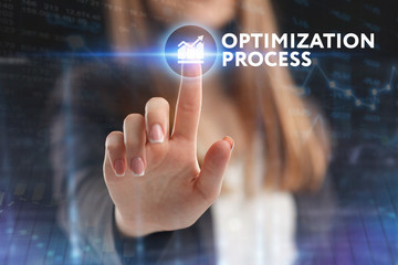 The concept of business, technology, the Internet and the network. A young entrepreneur working on a virtual screen of the future and sees the inscription: Optimization process