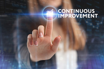 The concept of business, technology, the Internet and the network. A young entrepreneur working on a virtual screen of the future and sees the inscription: Continuous improvement
