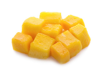 Mango slice cut to cubes close-up isolated on white background