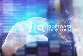 The concept of business, technology, the Internet and the network. A young entrepreneur working on a virtual screen of the future and sees the inscription: Software development