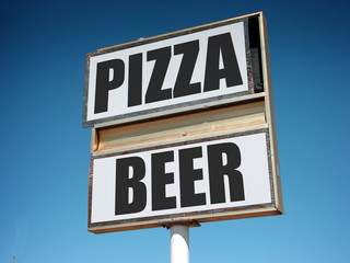 aged pizza and beer sign