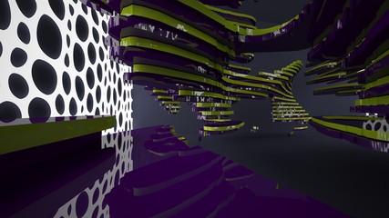 Abstract interior of the future in a minimalist style with colored sculpture. Night view from the backligh. Architectural background. 3D illustration and rendering