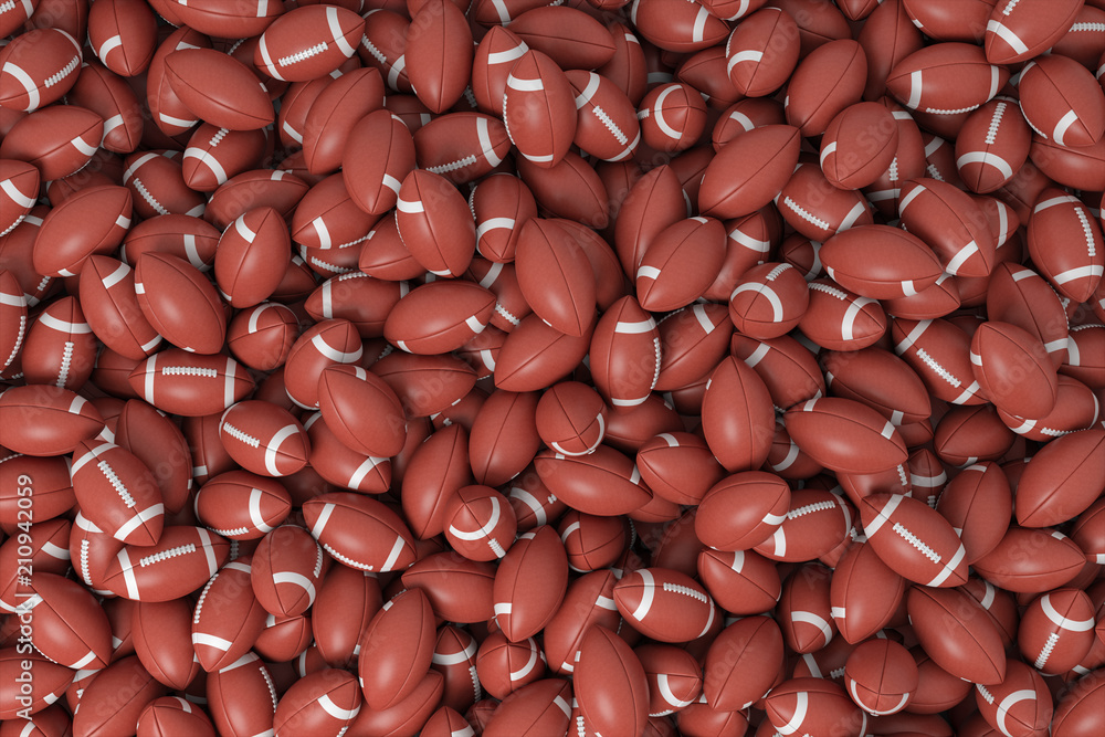 Poster 3d rendering of a heap made of countless american football balls lying on each other in top view.