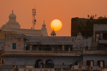PUSHKAR, INDIA - OCTOBER 10, 2010: Sunset at sacred Pushkar city