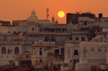 PUSHKAR, INDIA - OCTOBER 10, 2010: Sunset at sacred Pushkar city