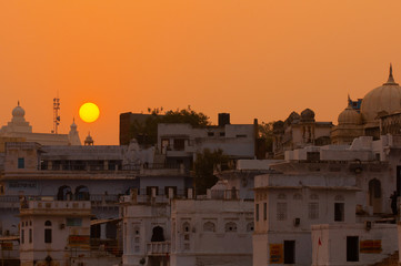 PUSHKAR, INDIA - OCTOBER 10, 2010: Sunset at sacred Pushkar city