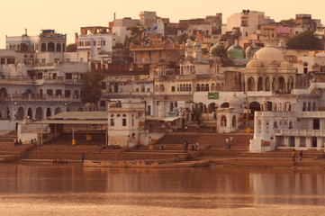 PUSHKAR, INDIA - OCTOBER 10, 2010: Sunset at sacred Pushkar city