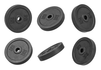 3d rendering of many isolated black 20 kg barbell weights hanging on a white background turned to different sides.