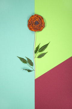 Brooch of fulled wool in the form of a flower on a color background