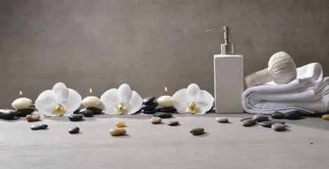  Three candle with pile of stones and white orchid , herbal ball.on towel ,oil on gray background © Mee Ting