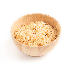 Wooden bowl of noodles isolated on white background