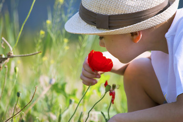 cute boy sniffing a poppy flower in nature in summer