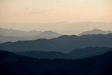 Foto op Plexiglas Beautiful landscape layer of mountains in sunset time, North of THAILAND © joesayhello