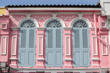 Fototapeta premium Sino-Portuguese Architecture of many the buildings in Phuket town. Phuket, Thailand.