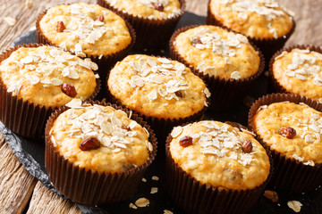 healthy dessert: muffins of oatmeal with raisins close-up. horizontal