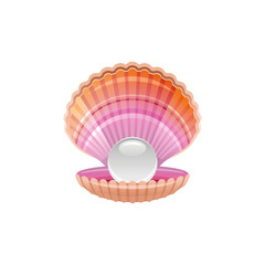 Sea travel vector symbol isolated on white background. Seashell scallop underwater life picture. Shell with pearl 3d vacation illustration. Cartoon icon. Summer holidays sign.