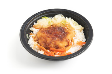 Japanese food, Rice with Pork Cutlet (Tonkatsu) on white background.
