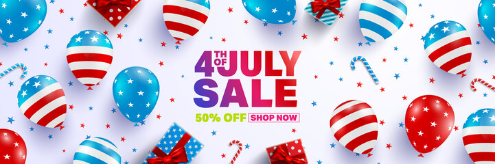 4th of July Sale poster template.USA independence day celebration with American balloons flag.USA 4th of July sale promotion advertising banner template for Brochures,Poster or Banner