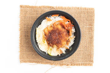 Japanese food, Rice with Pork Cutlet (Tonkatsu) on white background.