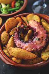 Galician octopus. Octopus with fried potatoes in a clay plate. Pulpo a feira. Spanish