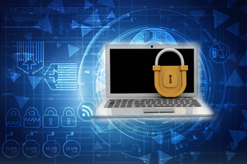 3d illustration Safety concept: Closed Padlock with laptop on digital background

